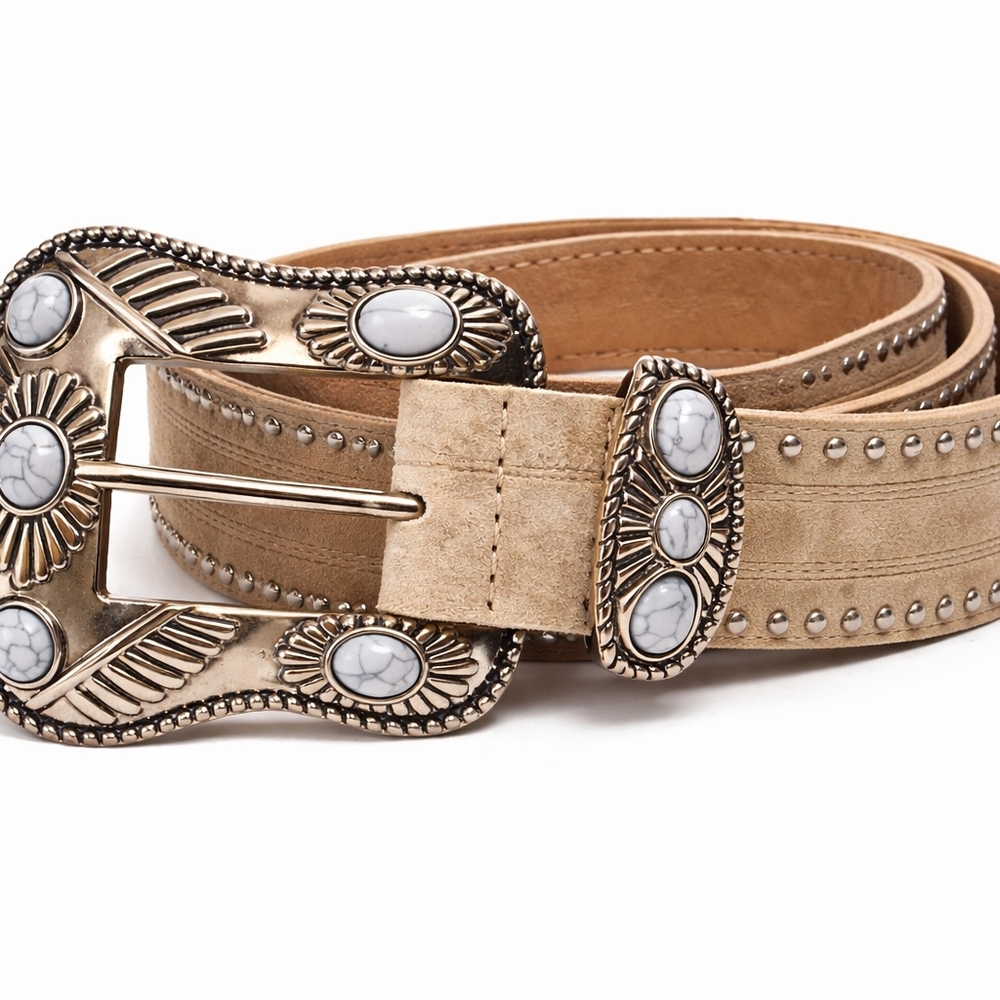 Twig & Arrow Western Studded Belt NWT Beige Suede Concho Buckle L/XL